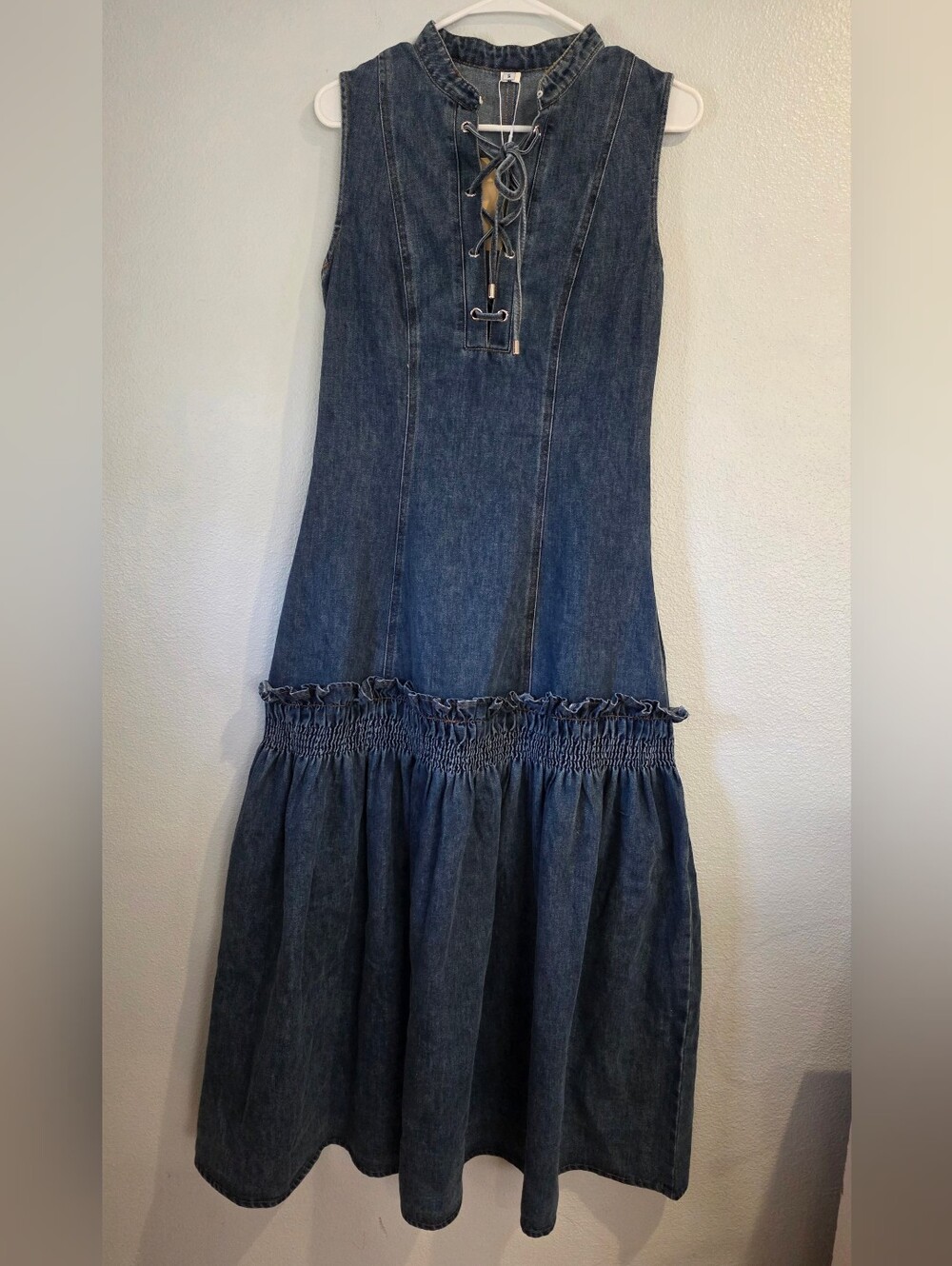 Elegant Vintage Western Tie-Neck Sleeveless Bubble Hem Blue Denim Maxi Dress S